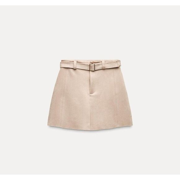 Zara Womens Mini Skirt S Small Tan Short Belted Faux Suede 3046/354 NWT - Picture 2 of 10